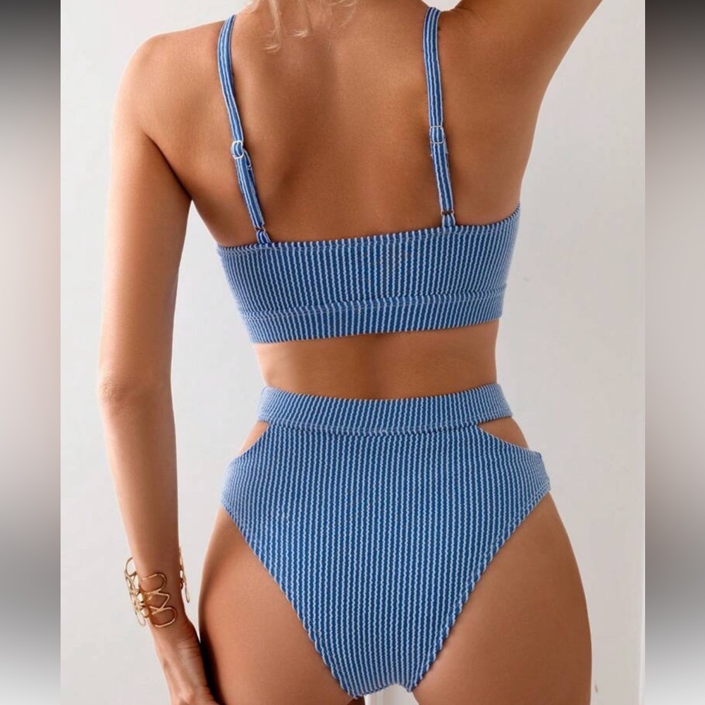 NWT SHEIN Ribbed Blue & White Cutout High-Waist Bikini Set - Size Medium - Picture 2 of 8